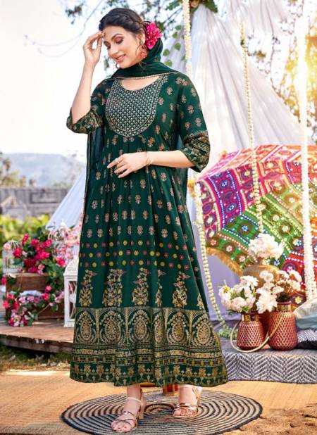 Green Colour Dastoor Wanna New Latest Designer Festive Wear Rayon Gown With Dupatta Collection 1005